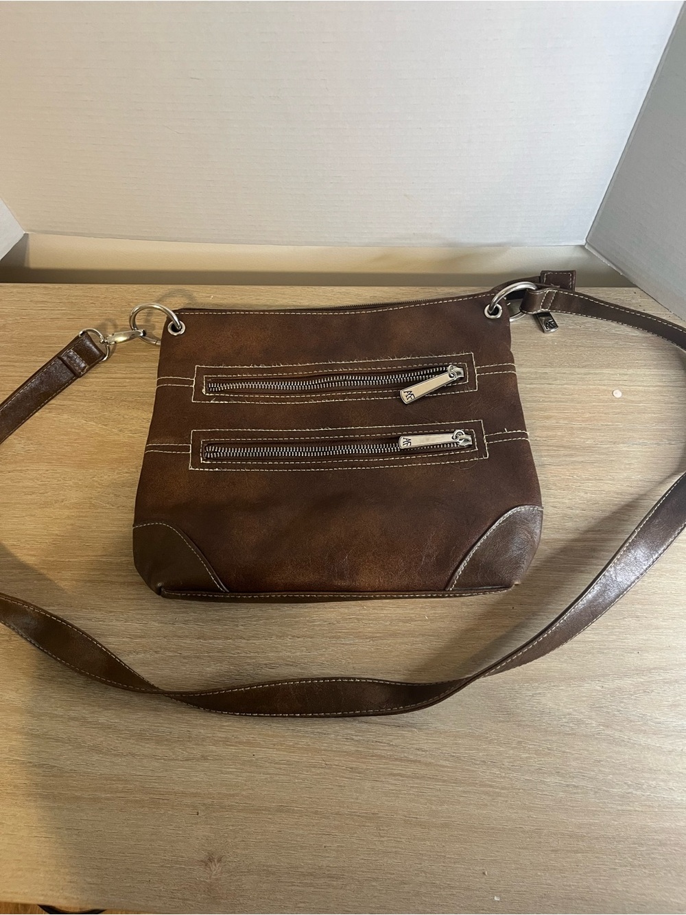 Brown Leather Crossbody with Double Zip Front Pockets